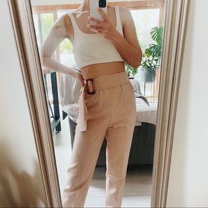 Beige Belted Carrot Leg Trouser Pant